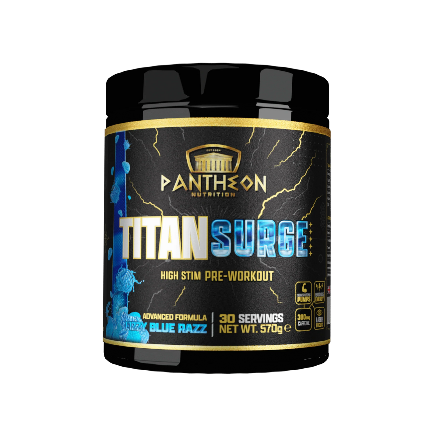 Pantheon Nutrition Titan Surge High Stim Pre-Workout, Fizzy Blue Razz