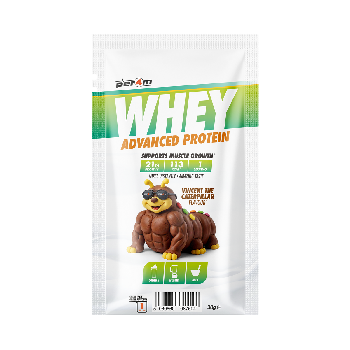 Per4m Advanced Whey sachet Vincent the Caterpillar
