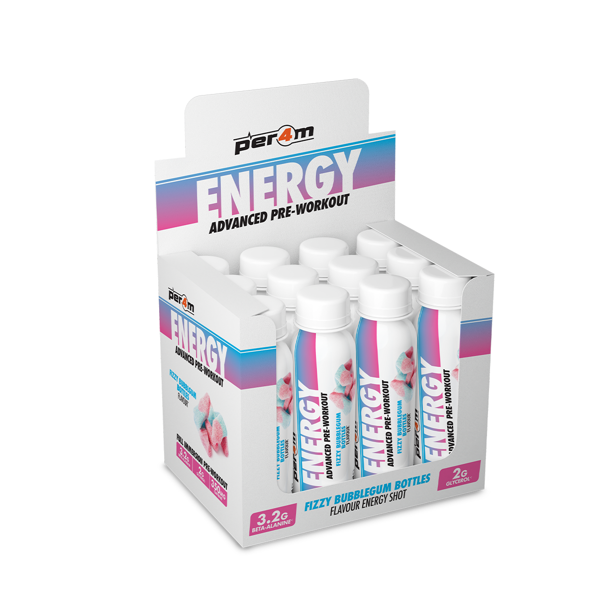 Per4m Energy Pre Workout Shot 12x100ml - Fizzy Bubblegum Bottles