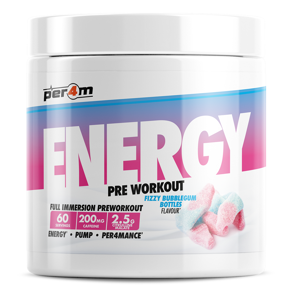 Per4m Energy Pre Workout 390g - Fizzy Bubblegum Bottles