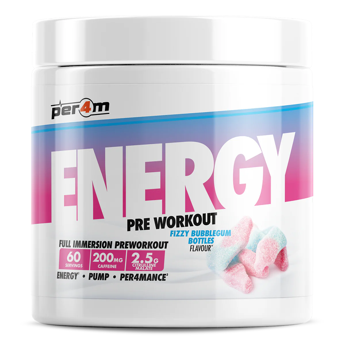 Per4m Energy Pre Workout 390g Fizzy Bubblegum Bottles